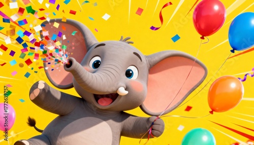 Joyful 3D elephant mascot celebrating a birthday or party with confetti explosion and colorful balloons on a vibrant yellow background.