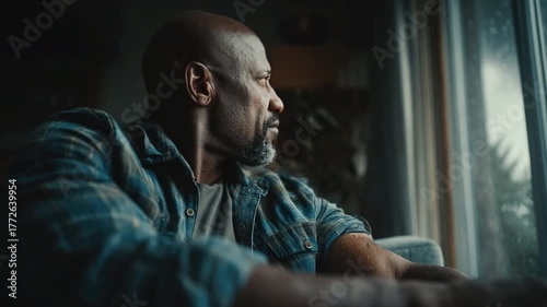 Pensive man lost in thought gazes out window contemplating life in soft natural light, capturing a moment of introspection and reflection on life choices