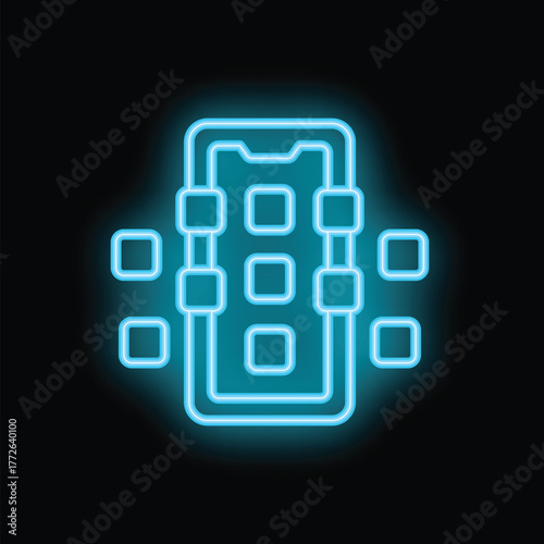 Blue neon icon of a smartphone with blockchain network symbolizing mobile cryptocurrency transactions
