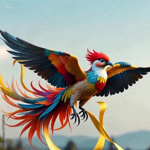 A magnificent, rainbow-colored bird, possibly a phoenix or pheasant, flies through the air holding a flowing golden ribbon in its talons. Its brilliantly colored tail feathers trail dynamically behind