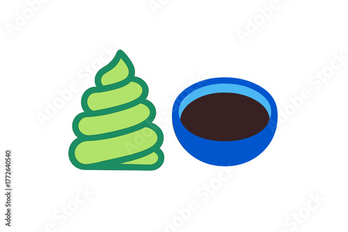 Stylized green swirl of wasabi paste next to a blue dipping bowl filled with dark soy sauce
