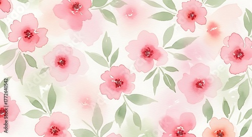 Elegant seamless pattern with pink flowers and green leaves watercolor style