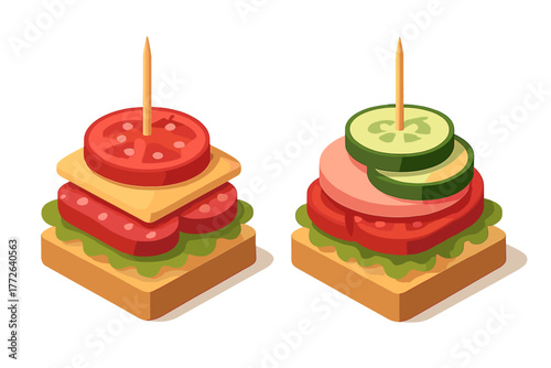 Isometric view of two gourmet canapes with various ingredients like salami, cheese, tomato, and cucumber on toast