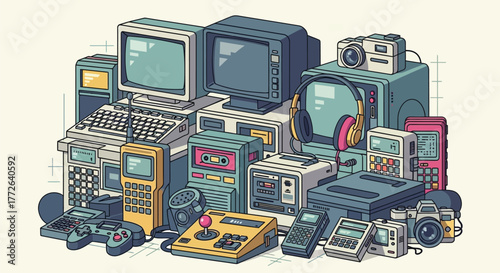 Retro tech collection featuring 80s and 90s electronics, perfect for vintage design projects or nostalgia-themed marketing campaigns