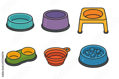 Colorful collection of pet bowls for feeding dogs and cats including slow feeder and elevated designs