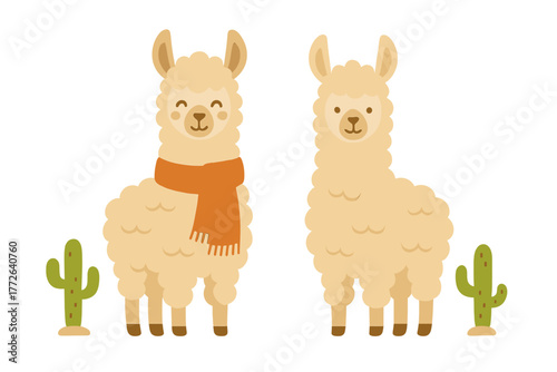 Cute pair of cartoon llamas standing with small desert cacti on a clean white background