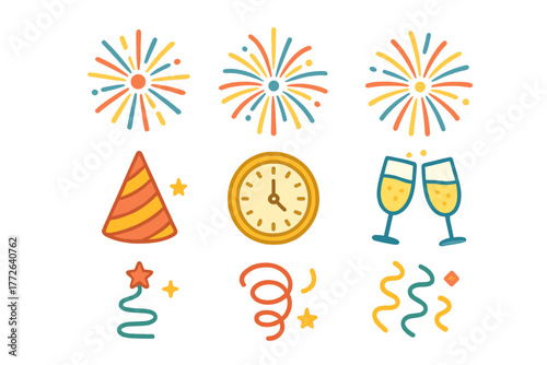 Festive celebration icons set including fireworks party hat clock and champagne glasses