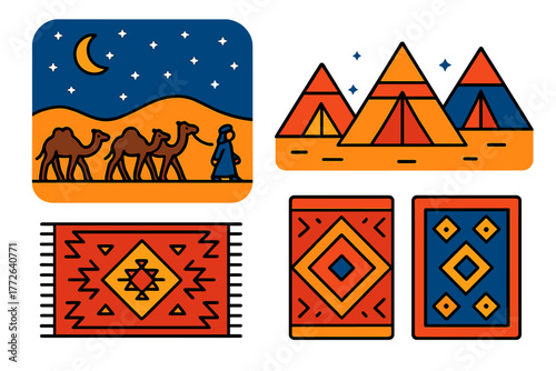 Desert icons featuring camel caravan, night sky, tents, and traditional patterned rugs