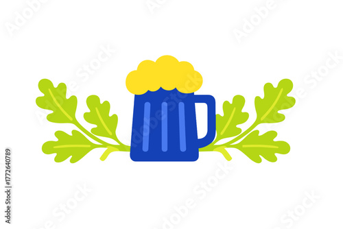 Stylized blue beer mug with frothy yellow foam surrounded by bright green oak leaves