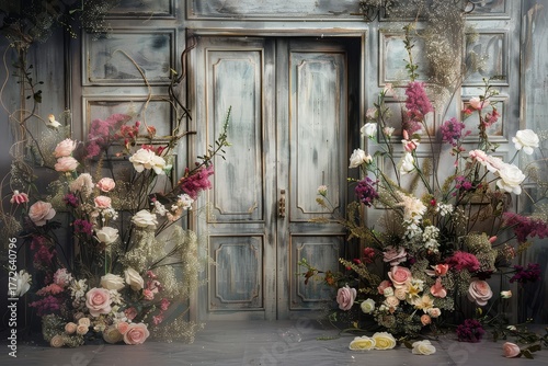 Rustic Doorway Adorned with Floral Arrangements in a Vintage Style Studio Setting for Romantic Occasions