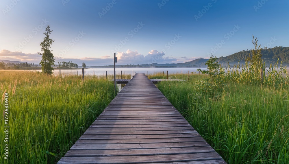 Fototapeta premium Serene summer lakeside landscape, wooden pier shrouded in morning mist, preservation