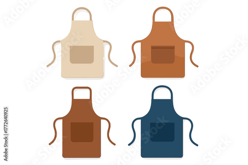Four blank chef aprons in a variety of earthy and dark colors ready for cooking or crafting