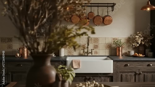 Cozy rustic kitchen with copper cookware, decorative plants, and warm lighting creating a homely atmosphere