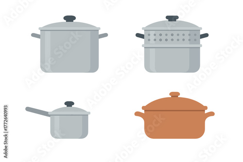 Set of various kitchen cooking pots, pans, steamer, and saucepan cookware