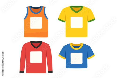 Set of blank colorful sports shirts and casual t-shirts ready for apparel design mockups