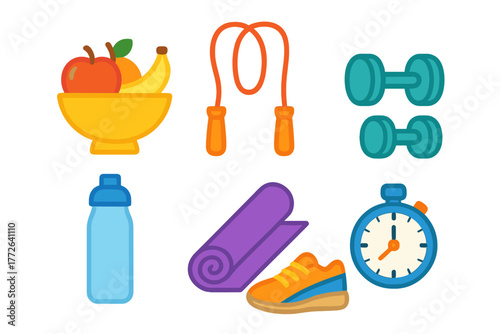 Set of healthy lifestyle objects including fruit, exercise equipment, and fitness accessories