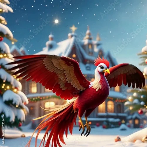 A stunning red and white bird with an elaborate tail is captured flying in the center of a snowy Christmas village scene with decorated trees and a cozy house in the background. The bird's red plumage