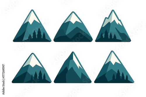 Set of six stylized mountain peaks with snow caps and evergreen forest silhouettes