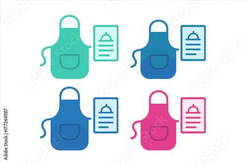 Colorful aprons and restaurant menu icons for cooking and catering services