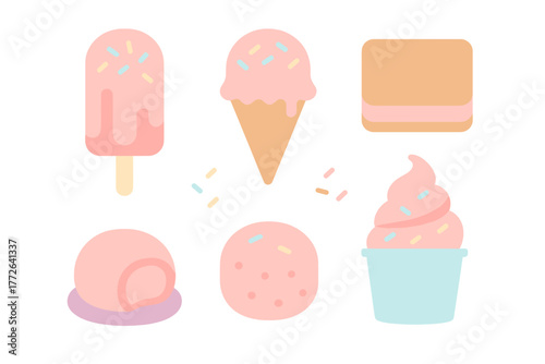 Pastel pink assortment of sweet frozen desserts like ice cream cones and popsicles
