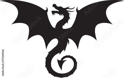 Black dragon silhouette vector graphic with outstretched wings a powerful mythical creature emblem
