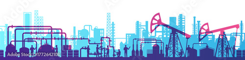 Oil or gas industry concept. Panoramic decoration element. Skyline vector. Colorful overlap horizontal border.