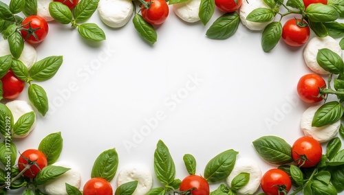Fresh ingredients arranged in a frame for pizza preparation on a white backdrop