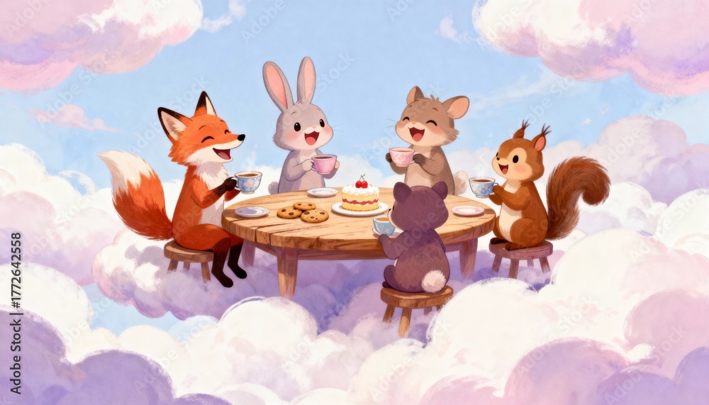 Obraz premium Fantasy Tea Party in the Clouds Adorable Cartoon Forest Animals Sharing Cake and Beverages in the Sky.