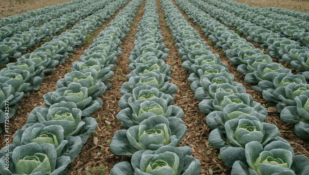 Fototapeta premium Field full of white cabbage plants thriving in a garden for nutritious organic produce.
