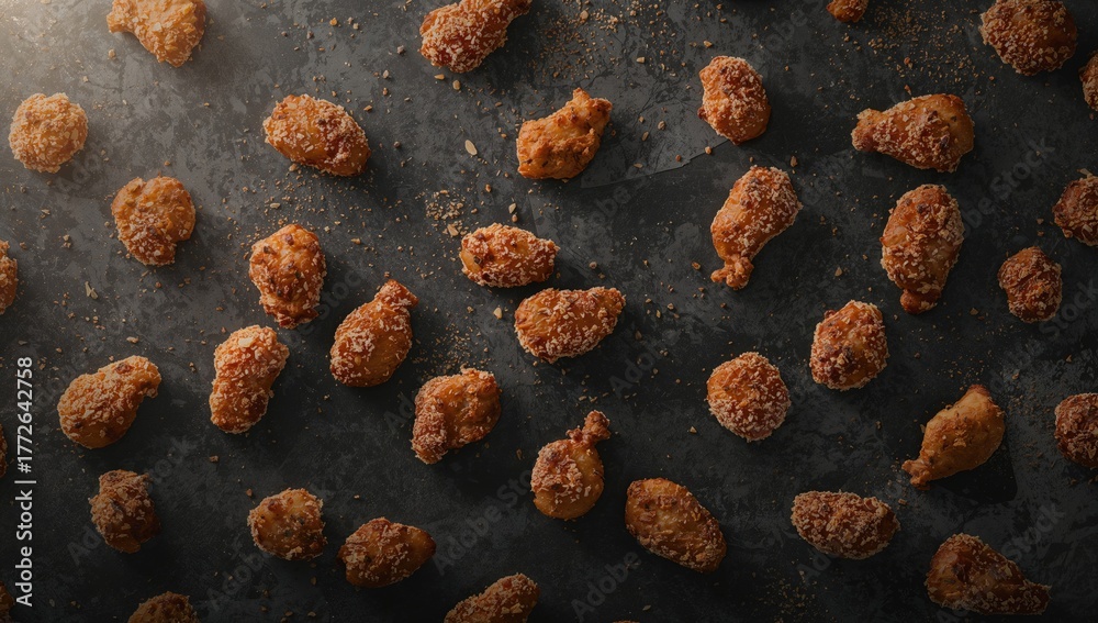 Obraz premium Golden fried chicken bites against a black background. Quick meal concept.