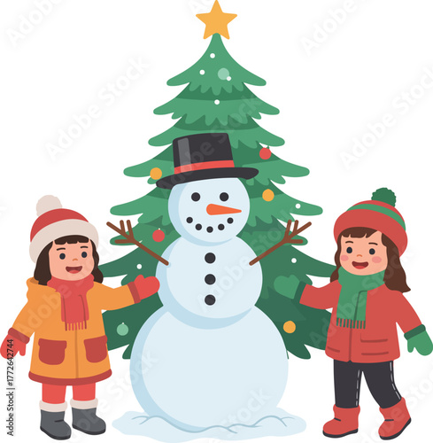 Children happily building a snowman next to a decorated Christmas tree in a joyful winter vector scene