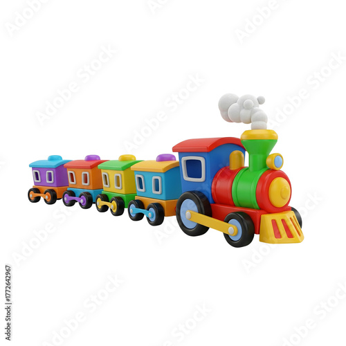 3d illustration of colorful toy train with locomotive and wagons isolated on transparent background transparent background png