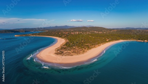 Fototapeta Naklejka Na Ścianę i Meble -  Aerial perspective of sandy beach on Rab Island, showcasing natural beauty and leisure activities