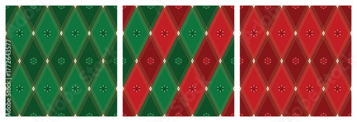 Vector Set of Christmas Argyle Seamless Patterns with Snowflakes – Red, Green Colors Geometric Diamond Holiday Backgrounds