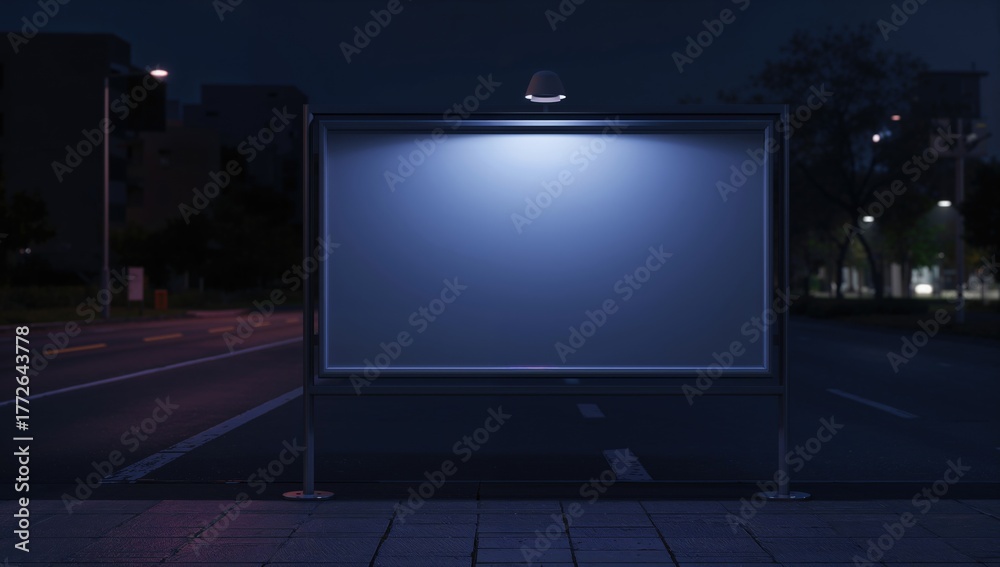 Fototapeta premium Nighttime street scene featuring an empty billboard