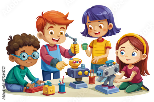 Group of curious children assembling robotic parts in STEM class