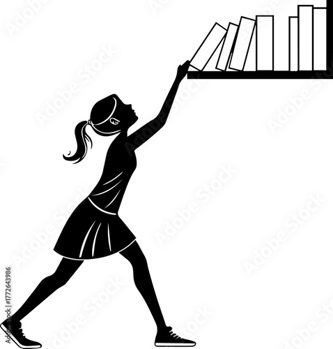 Silhouette of Girl Reaching for Book on Shelf – Learning and Curiosity Scene in Black and White