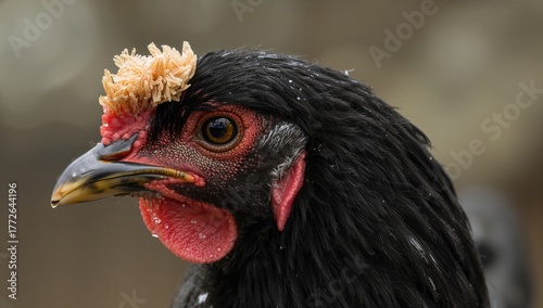 A fleshy appendage dangling from a chicken's head or neck reveals the breed's boldness nature, animal, black, poultry, poultry farm, black eyes, closeup