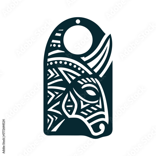Tribal Rhino Door Hanger Vector Illustration A yellow price tag hole appears as a small circle