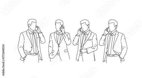 Four stylish people talking on cell phones sketch line art people communicating business connection modern lifestyle vector