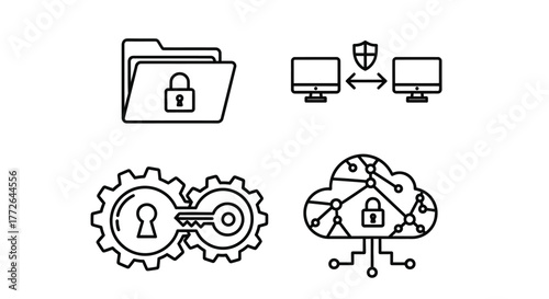 Set of security and data protection icons representing cybersecurity cloud computing and network safety vector