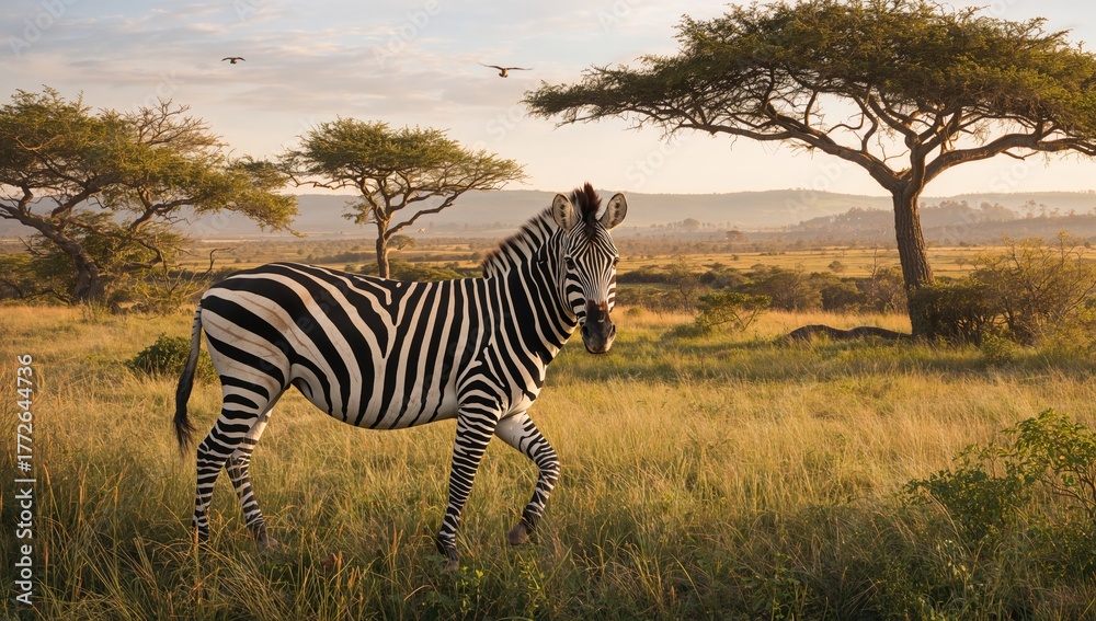 Naklejka premium Stunning zebra makes unexpected appearance in the wild savanna