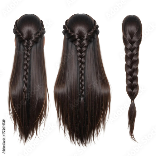 Elegant brunette hair styled in a braided crown and long braid hairstyle fashion