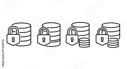 Secure data protection concept stacked coins and padlock icons set vector