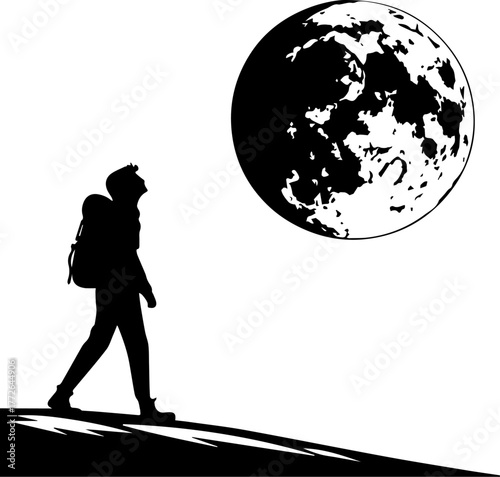 Traveler with Backpack and Moon – Solitary Silhouette Vector