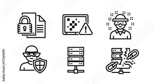 Cybersecurity icons set data protection network security digital threats and server infrastructure concepts vector