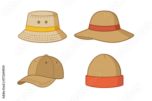 Collection of four popular headwear styles including bucket hat, sun hat, baseball cap, and knit beanie
