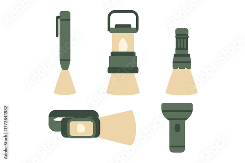 Collection of portable lights for camping and emergency use, including flashlight, headlamp, and lantern