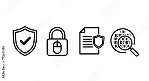 Digital security icons shield lock document magnifier with binary code data protection and access vector
