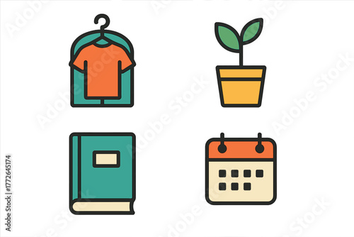 Colorful symbols representing fashion, nature, education, and time management concepts for daily life